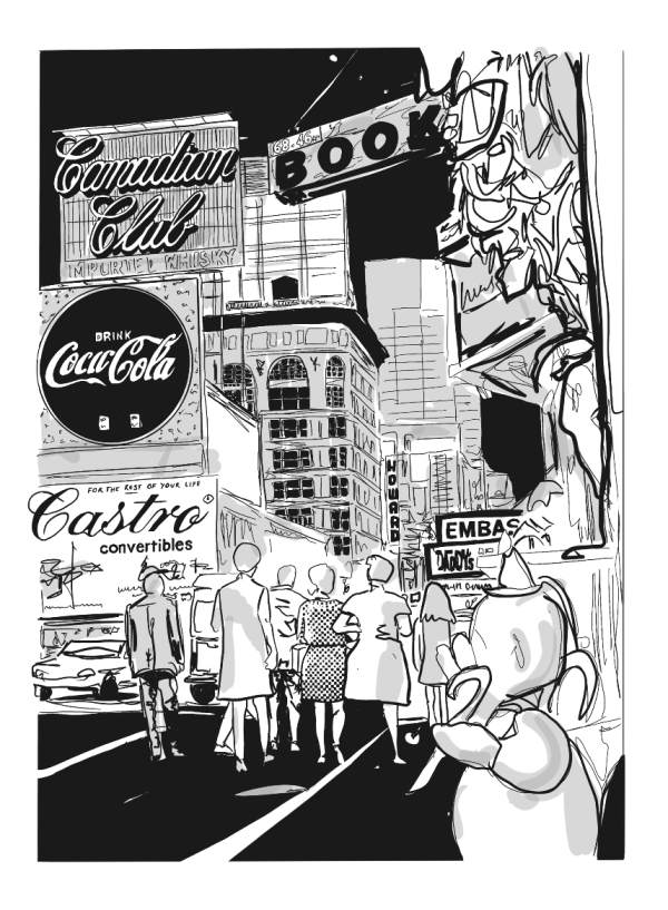 Drawing by Renee Banks of Times Square, New York. Simplified black ground and sky bracket a bustling scene filled with people and signage. 