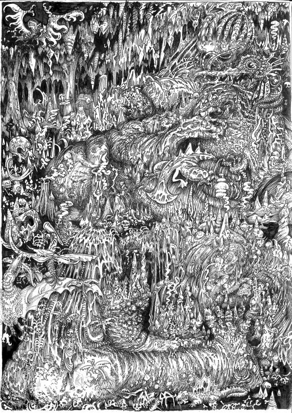 Ink drawing by Sam McAnvinue Northcott, illustrating a scene from William Burrough's cut up text novel 'The Soft Machine'. Intricate linework fills the page depicting the bone filled dungeon of cannibal trog women.