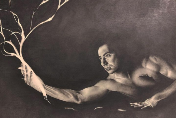 'Yichud', a graphite drawing by Samih Zaia. A male figure stretches his arm out to hold a glowing branch. He appears to be lying down or pulling himself acroos the ground. Only his face, upper body and arms are in frame, emerging from darkness. He is drawn realistically, except for a dark cave-like hollow in the left side of his chest.