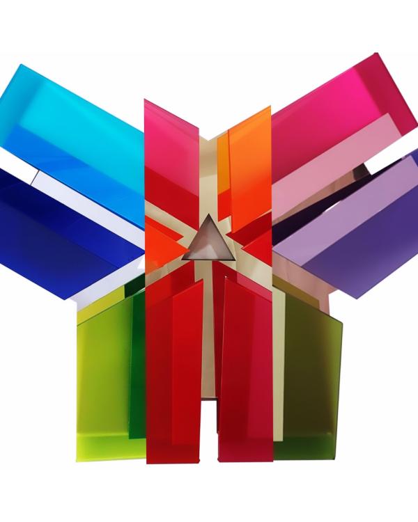 Geometric sculpture by Stephen Burke made of coloured acrylic panels