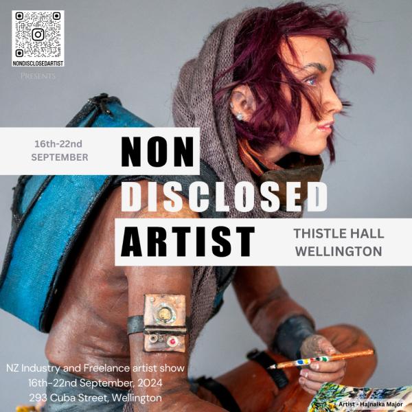 Poster for Non Disclosed Artist. feature image is a realistic 3D model of an elfin-faced person (complete with real hair and cloth cowl). The figure is sitting cross legged and holding a sketching pencil.