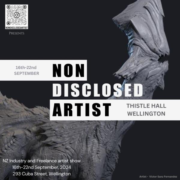 Poster for Non Disclosed Artist. Feature image is a black and white photograph of of a 3D model by Victor Sanz Fernandez. It appears to be a hybrid reptile/tree creature with a highly textured body and stumpy head with open mouth.