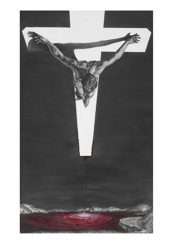 'The Christ of Aaru' a graphite drawing by Samih Zaia based on the Salvador Dali painting 'Christ of Saint John of the Cross'. A dramatically foreshortened overhead view of Christ crucified floats in a dark void. Blood drips from the foot of the cross to a red lake at the base of the drawing.