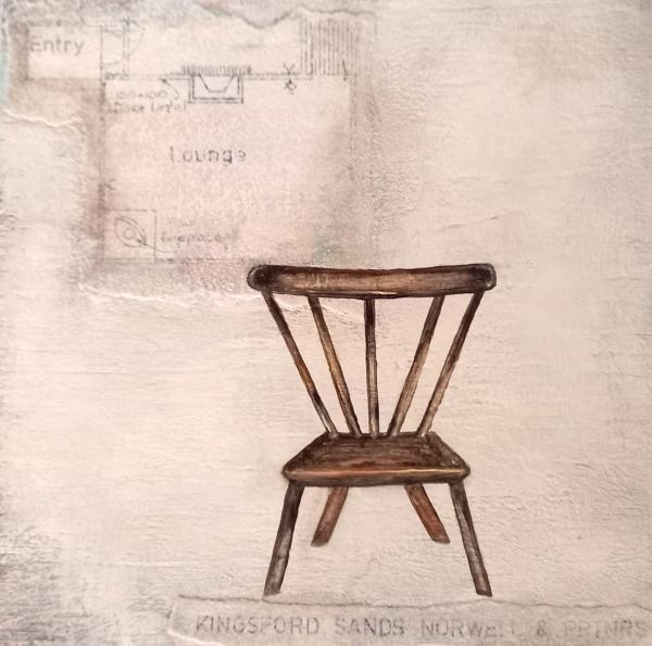 Liz Walters, painting of a wooden chair with evocative text and architectural plans layered subtely behind.