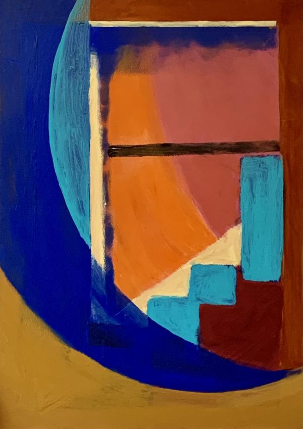 Painting by Mark Peck. Bold shapes and abstract stairs in blue and russet.