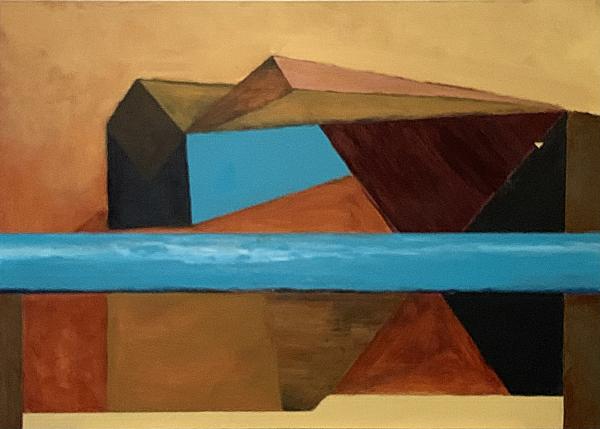 Painting by Mark Peck. Geometric shapes resembling a house with abstract shape elements in powder blue and earth tones.