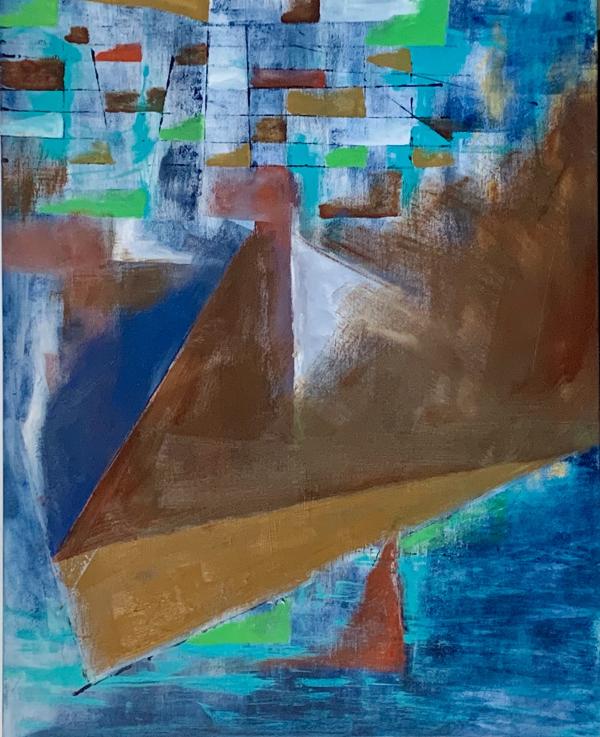 Painting by Mark Peck. Abstract pyramid or mountain form against blocky blue and brown background.