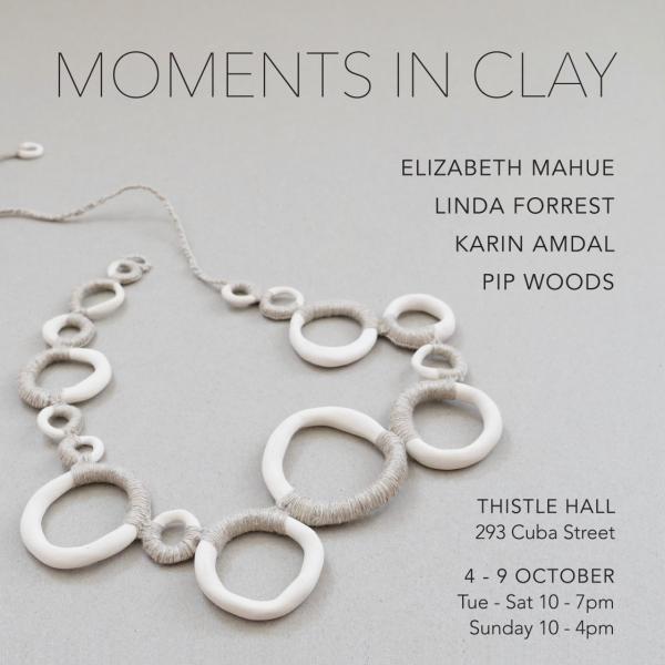 Clay necklace of different size rings on the poster