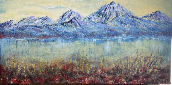 A gestural landscape painting of snowy mountains behind a lake