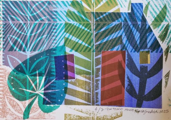 A layered print using block colours of various leaves by Basia Smolonicki.