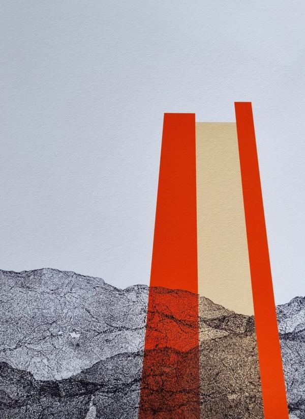 A black and white print of a hillside, overlaid with orange rectangular forms by Hamish Macauley.