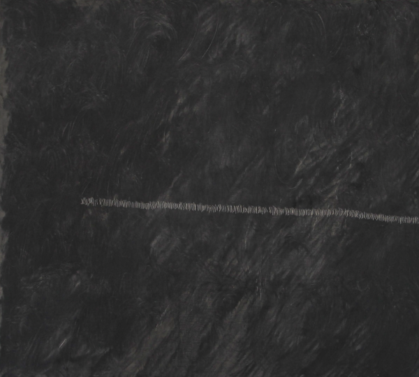 A dark grey minimalistic textural piece, with a long row of tiny white vertical lines through the middle of the piece 