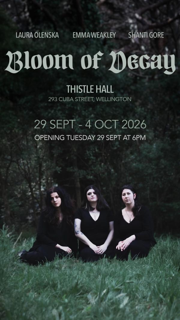 Poster for Bloom of Decay exhibition with 3 women in black sitting in grass