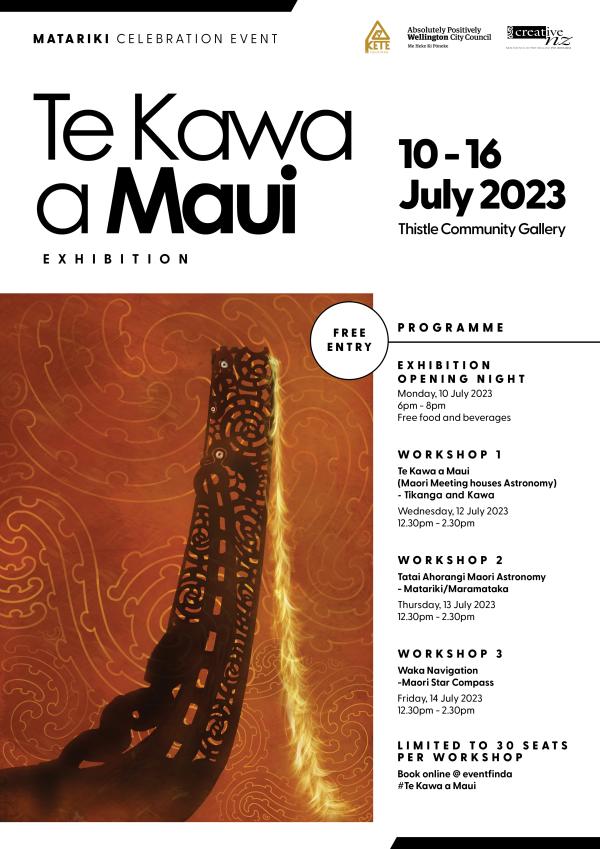 Te Kawa a Maui exhibition poster. 10-16 July 2023 at Thistle Hall Gallery. 