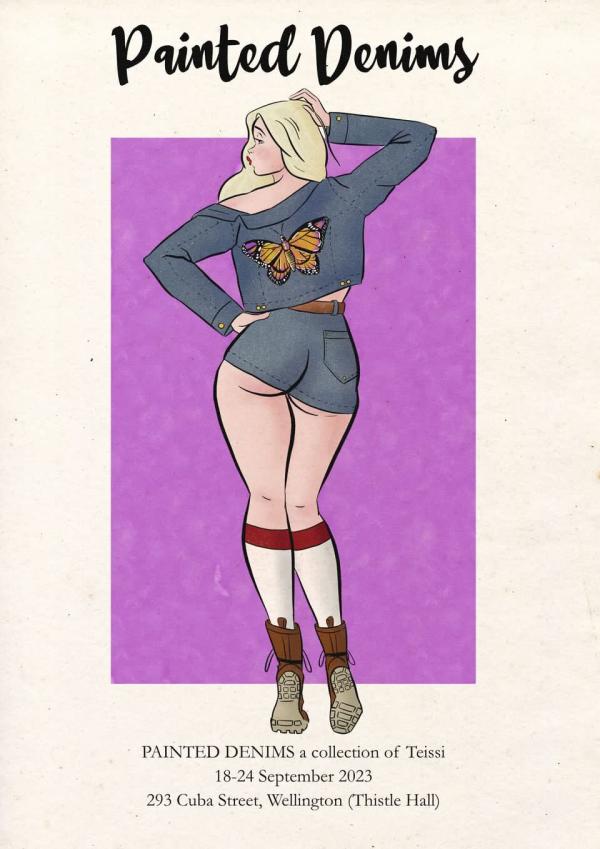 Illustrated flyer for Teissi Aranda's painted denim. Cute cartoon pin-up model wearing double denim. Denim jacket is customised with a with a painted butterfly.