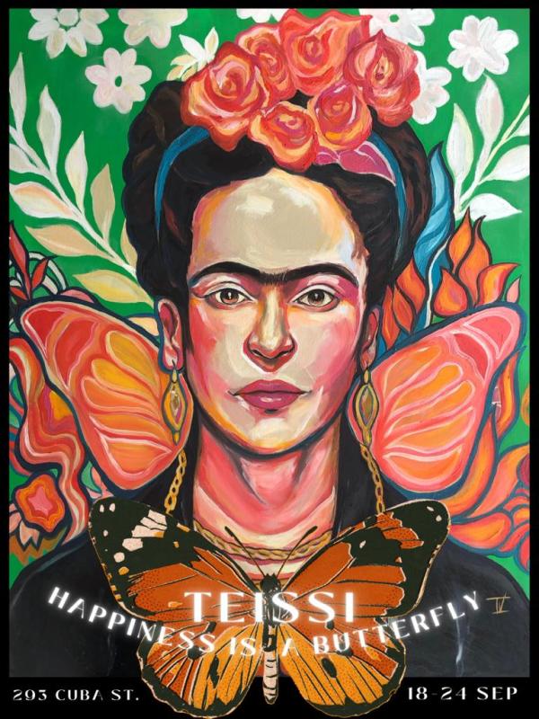 Poster with image of Frida Kahlo. Artist Teissi Aranda Title I love Frida. Oil on canvas, 800x1000 mm, 2023