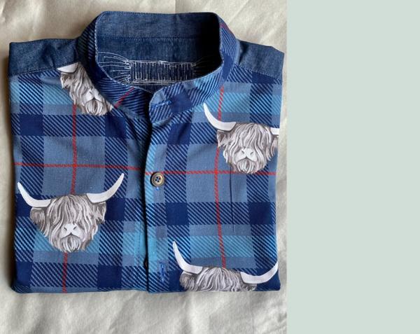 Upcycled plaid shirt, covered with paintings of highland cattle. James Harcourt.