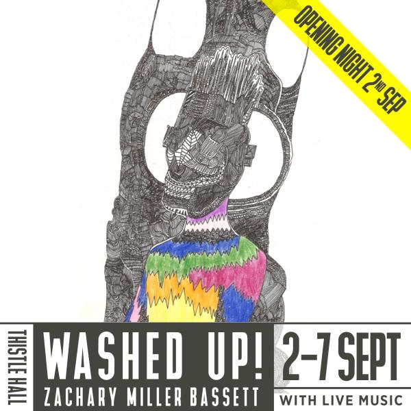 A poster for Washed Up exhibition, a figure made of intricate line work