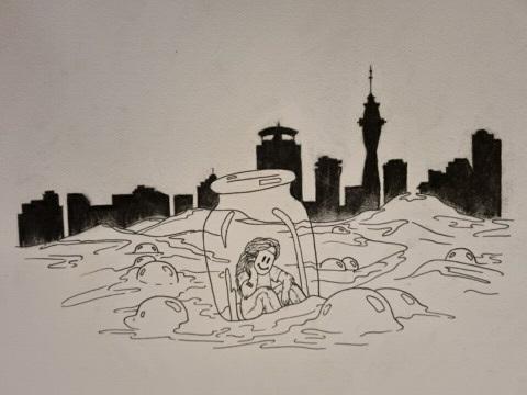 Ink drawing by Tyla Cunningham. Cartoon person inside a bottle tossed by waves against the Auckland skyline.