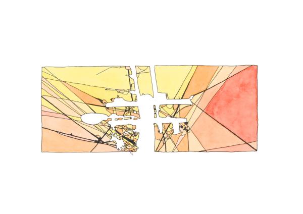 A watercolour by Rohan Light of a power pole with powerlines chopping up the frame into various shades of yellow and pink