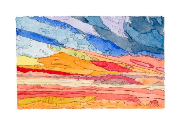 An abstract, stained glass-like watercolour and ink landscape piece by Rohan Light