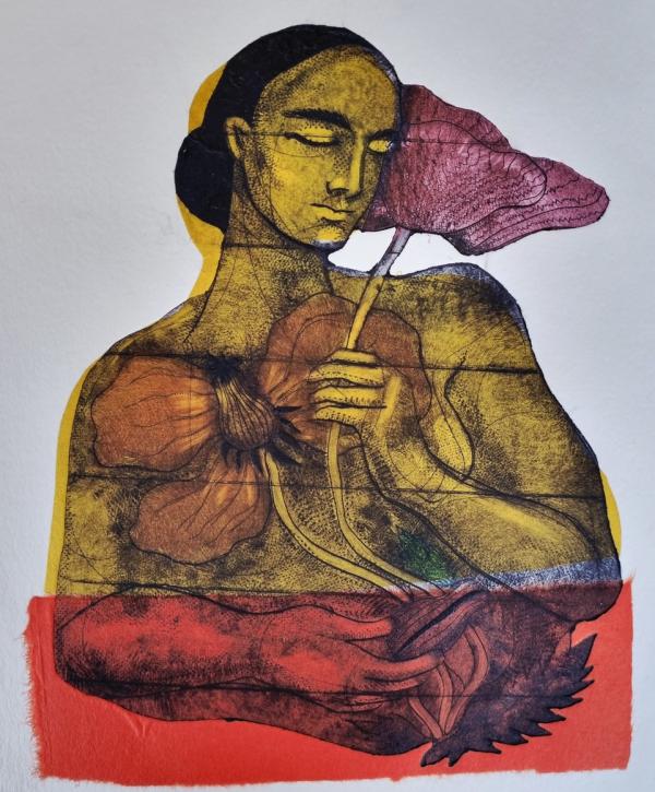 A print depicting a woman holding two giant flowers